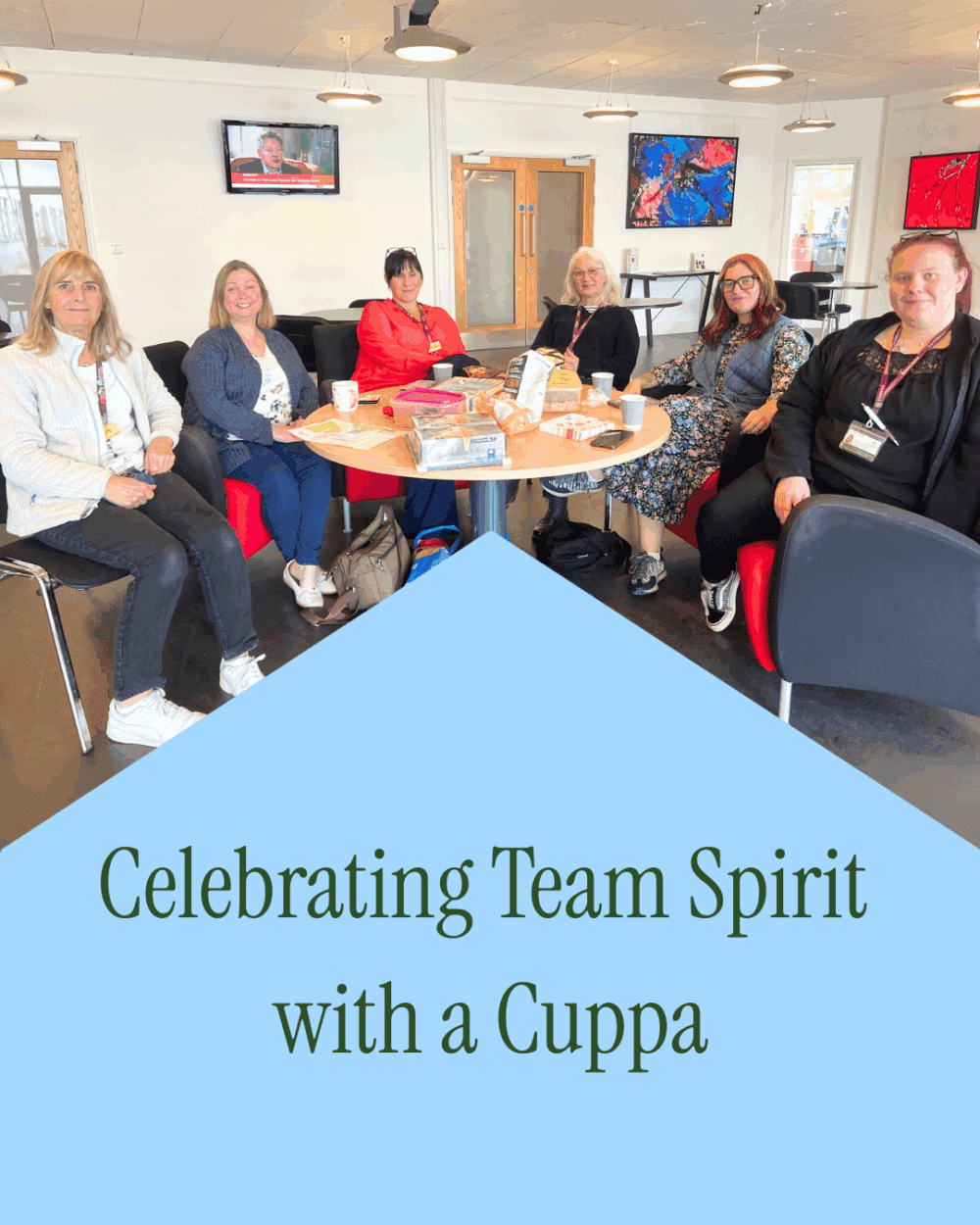 group of care pros sitting around a table having coffee