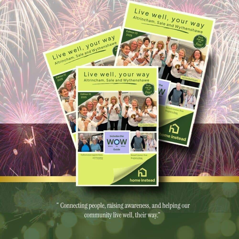 Three magazine covers featuring smiling seniors, overlaid on a background of colorful fireworks. - Home Instead