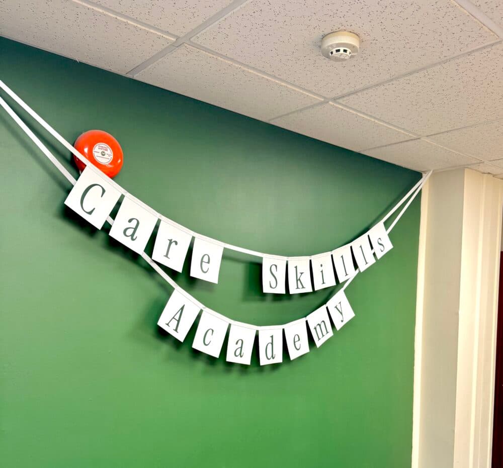 Banner reading "Care Skills Academy" hanging on a green wall with a red balloon and white ribbons. - Home Instead