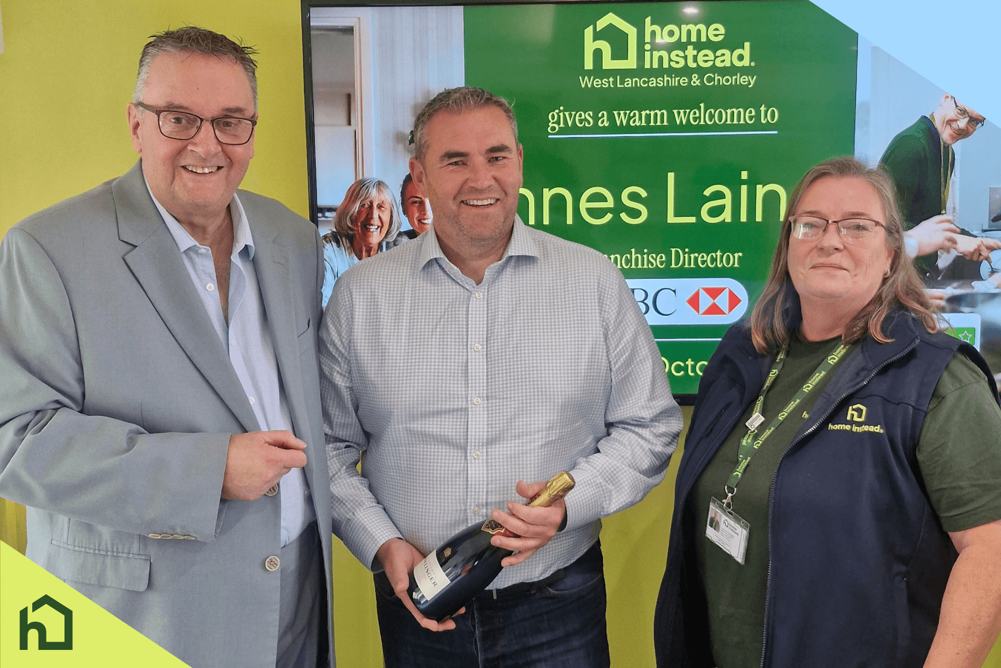 innes laing, franchise director at hsbc, visits the office of home instead west lancashire and chorley, pictured with managing director and accounts officer