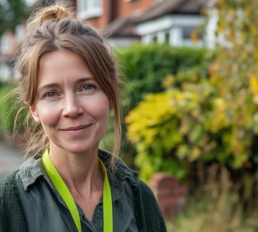 A female care smiling and happy and wearing green while standing outdoors