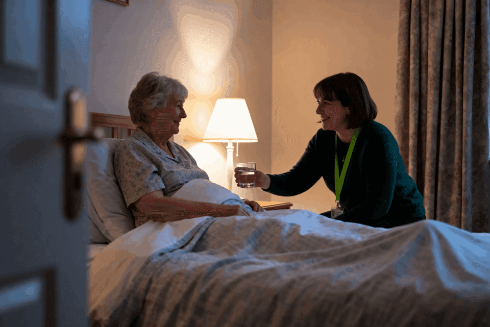 A caregiver hands a glass of water to an elderly woman lying in bed in a warmly lit room. - Home Instead