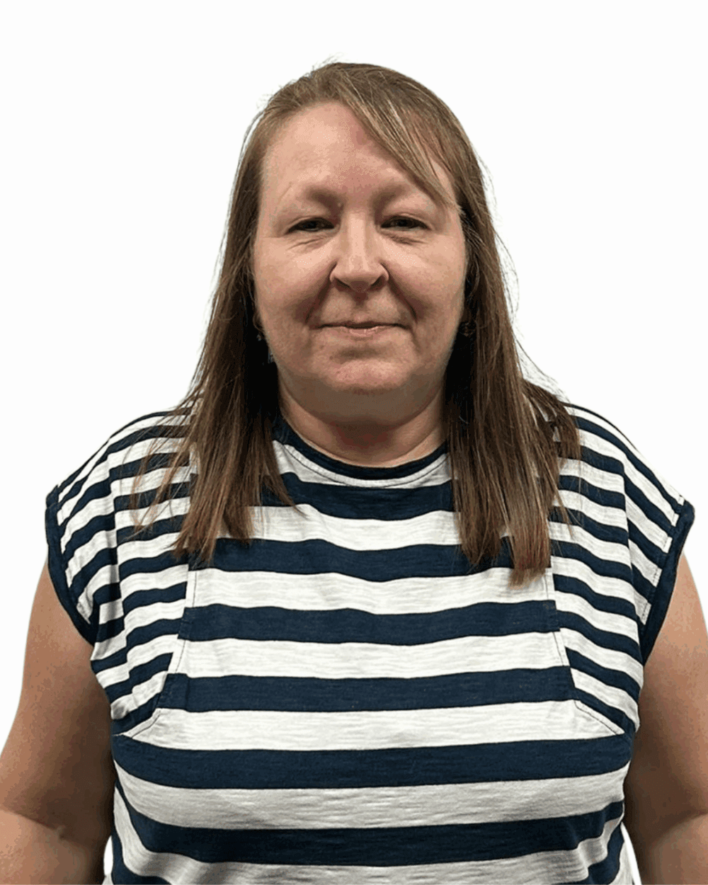 Woman with straight brown hair wearing a black and white striped shirt, standing against a white background. - Home Instead
