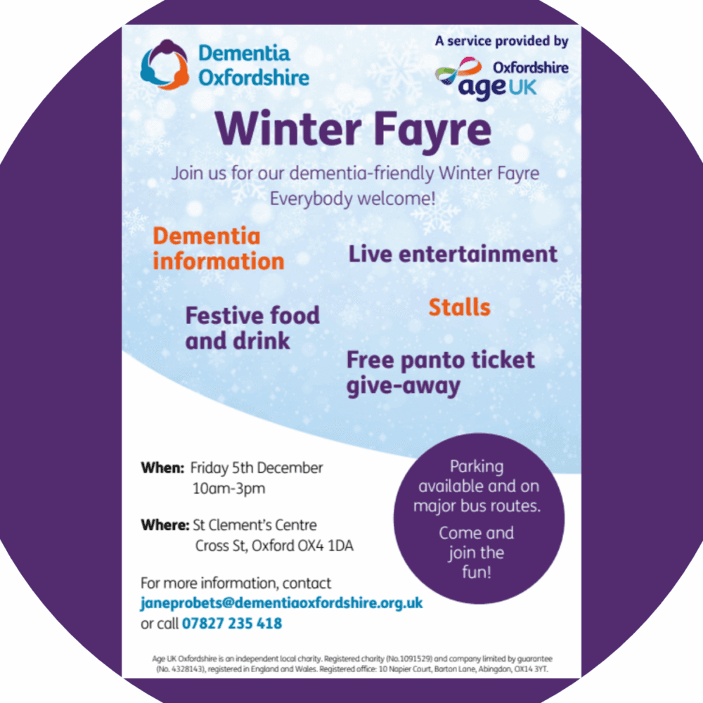 Purple poster advertising a Dementia Oxfordshire Winter Fayre with event details, activities, and contact information. - Home Instead