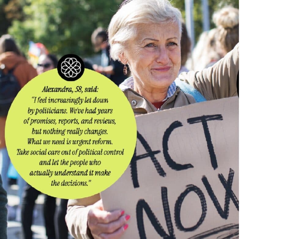 Older woman at a protest holds a cardboard sign reading "ACT NOW." Quote about political reform is overlaid. - Home Instead