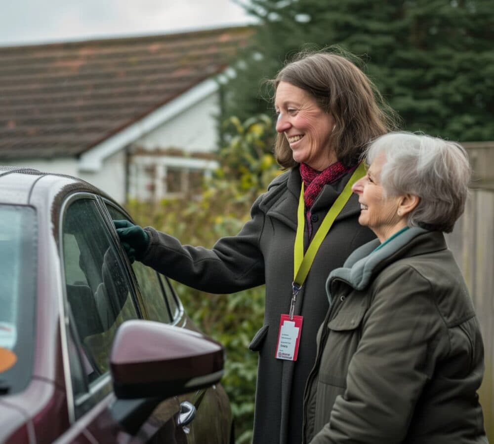 Two women standing and smiling in front of the car