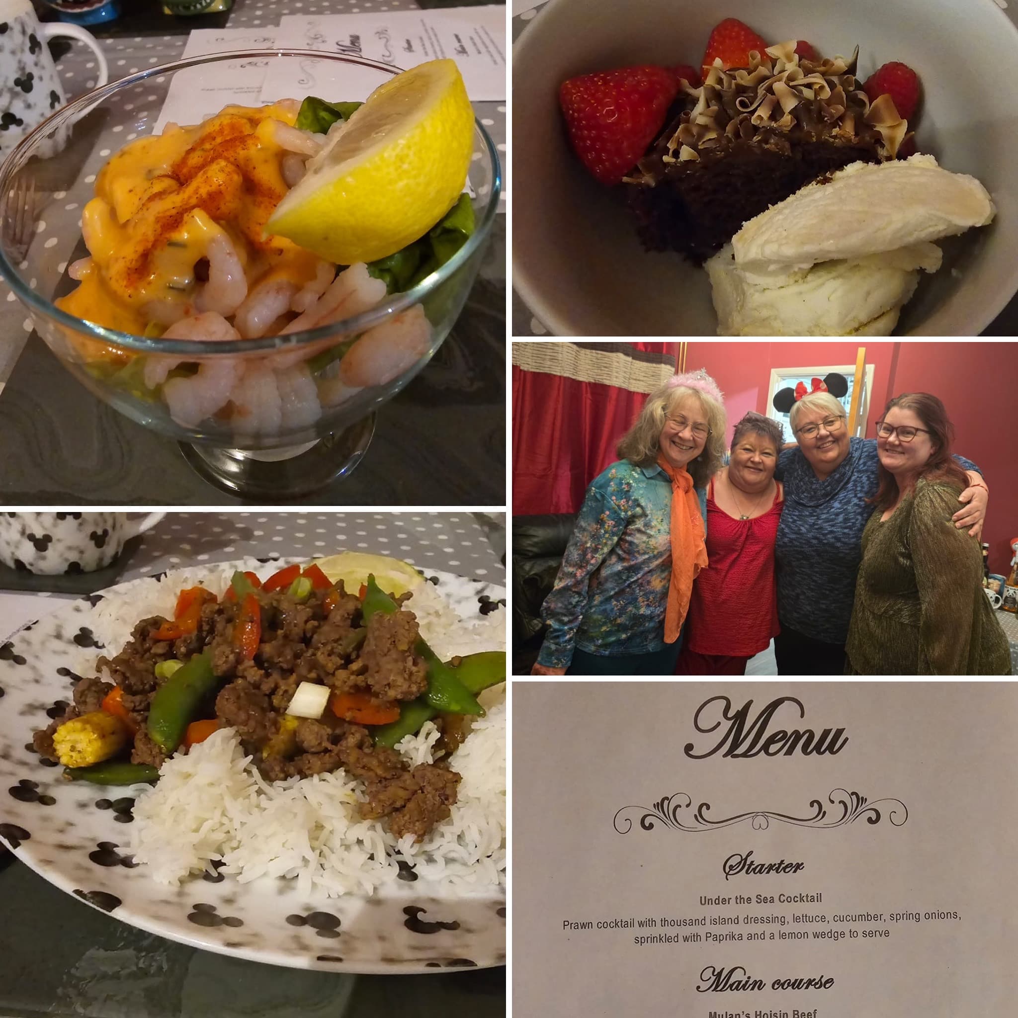 A collage of a prawn cocktail, dessert, group of women smiling, a rice dish, and a printed dinner menu. - Home Instead