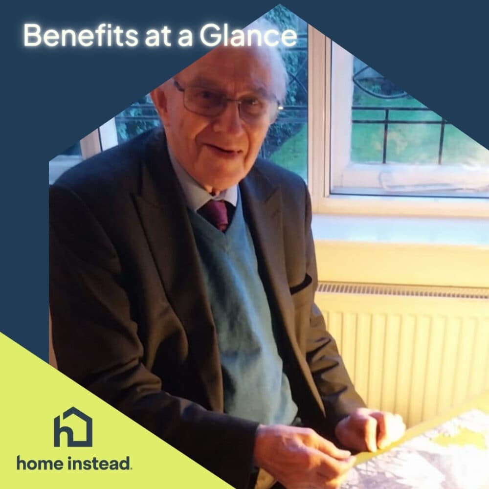 Elderly man in a suit smiling at a table, with "Benefits at a Glance" and "home instead" text. - Home Instead