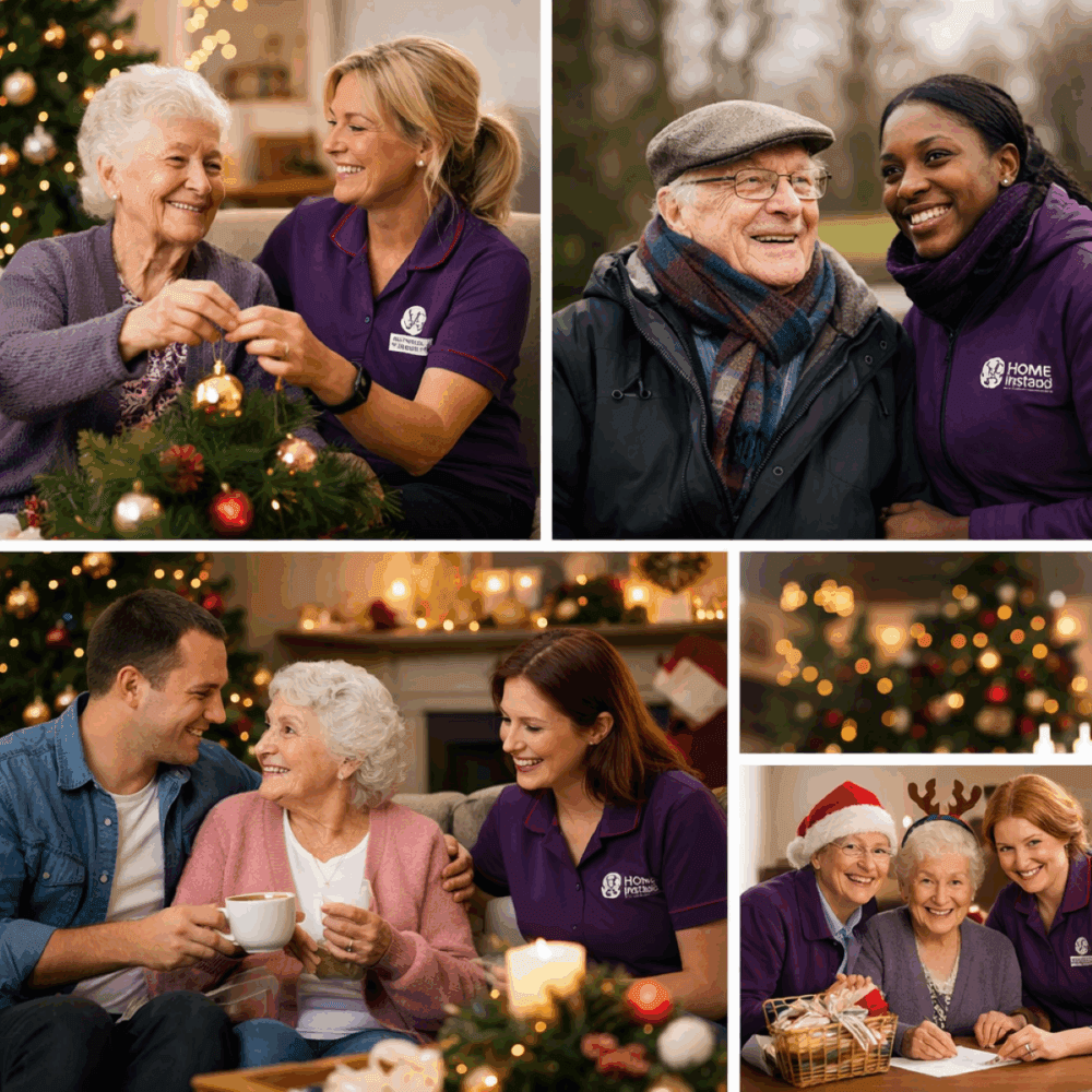 Elderly people and caregivers enjoying festive activities together, smiling and celebrating the holidays. - Home Instead