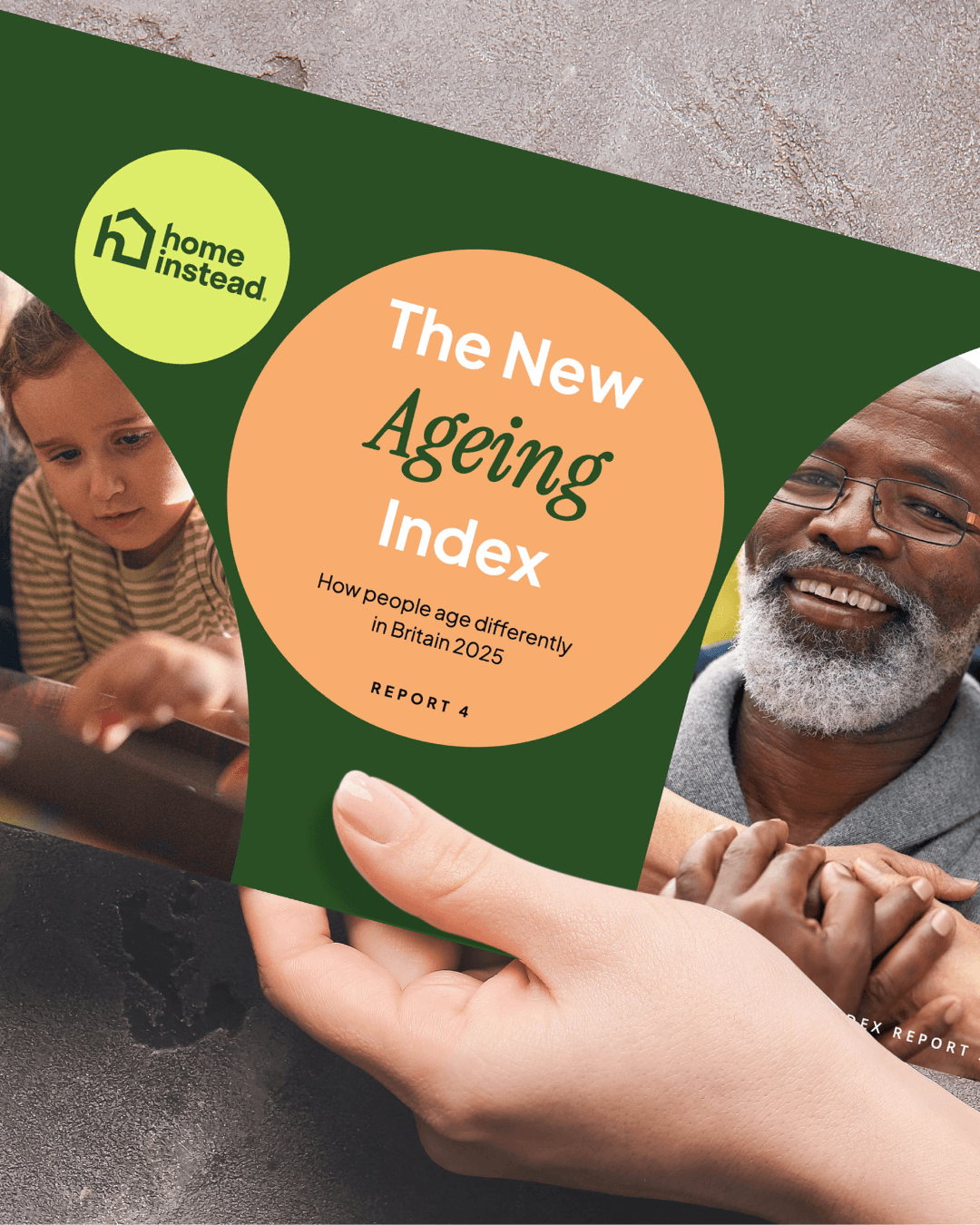 Hand holding a report titled "The New Ageing Index" with photos of a child and an older man smiling. - Home Instead