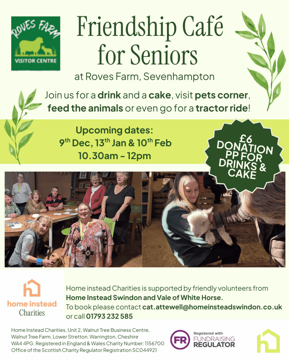 Flyer for a seniors' café at Roves Farm with animals, drinks, and cake, held on select dates, £6 donation. - Home Instead