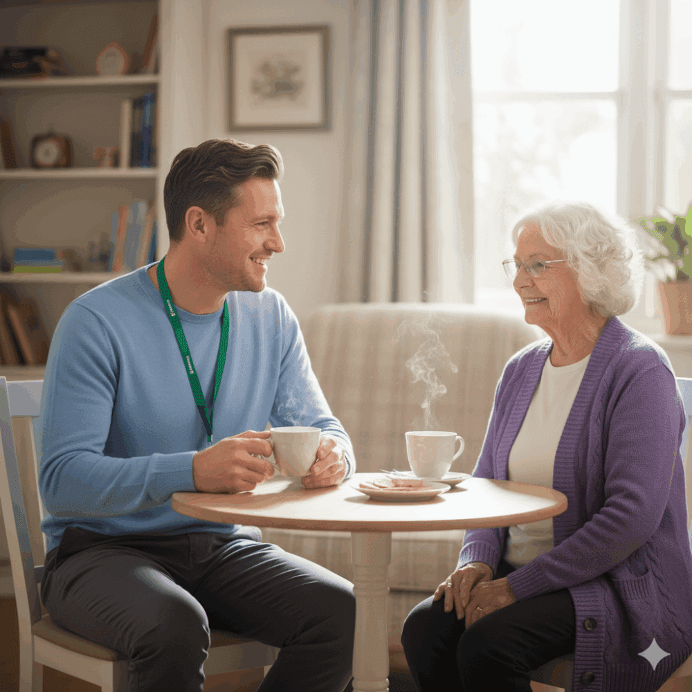 A young man and an elderly woman smiling and having coffee together at a small table in a cozy living room. - Home Instead