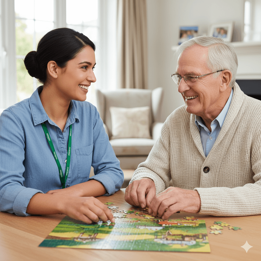A woman and an elderly man smile while working on a puzzle together at a table in a bright living room. - Home Instead