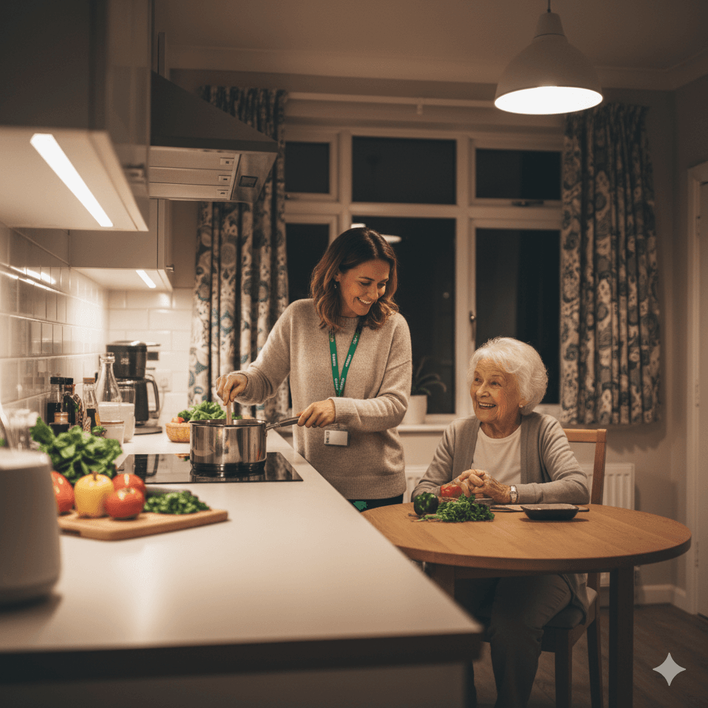 A carer cooks in a kitchen while an elderly woman sits at a table, both smiling warmly. - Home Instead