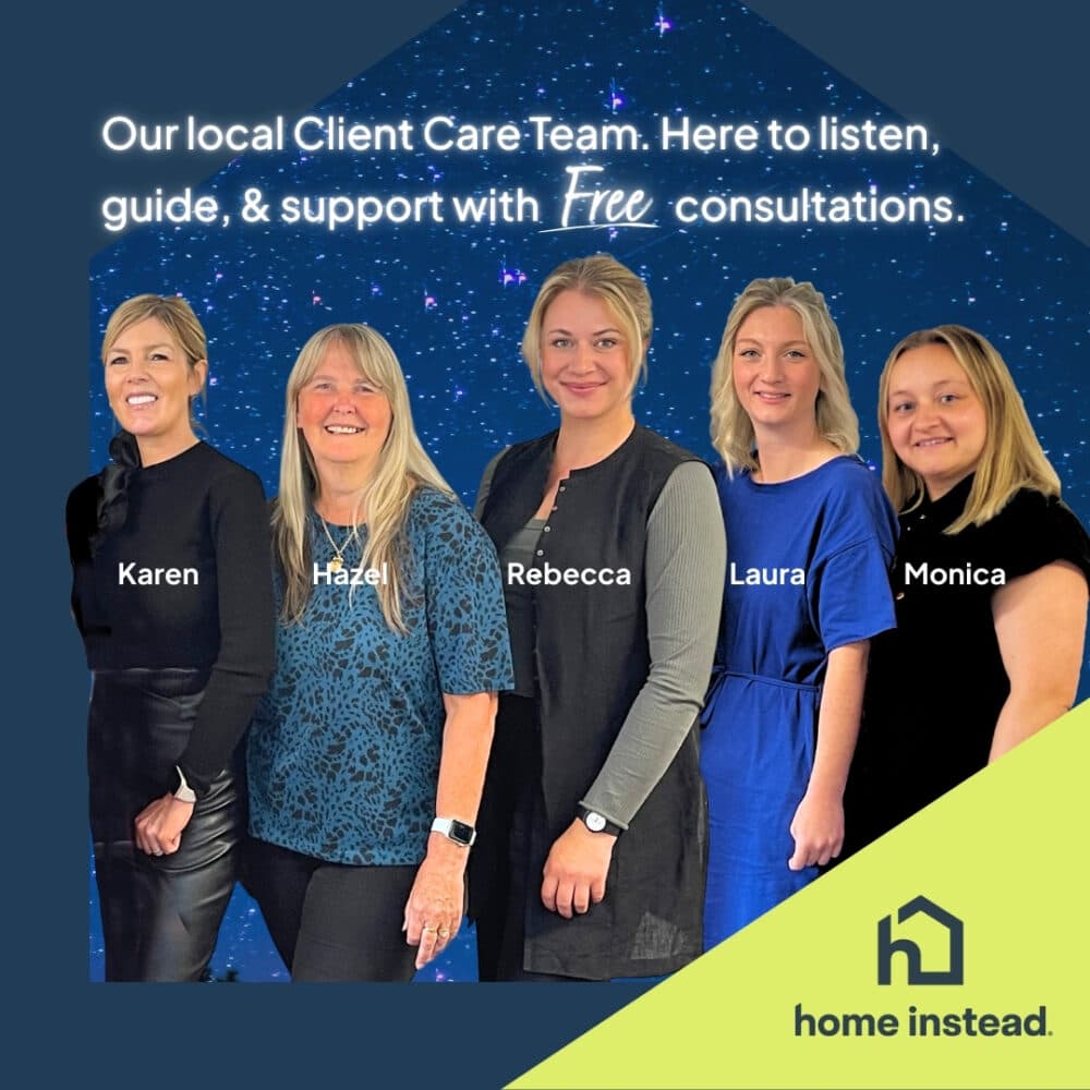 Five women from the Home Instead Client Care Team smiling, with their names labeled, on a starry background. - Home Instead
