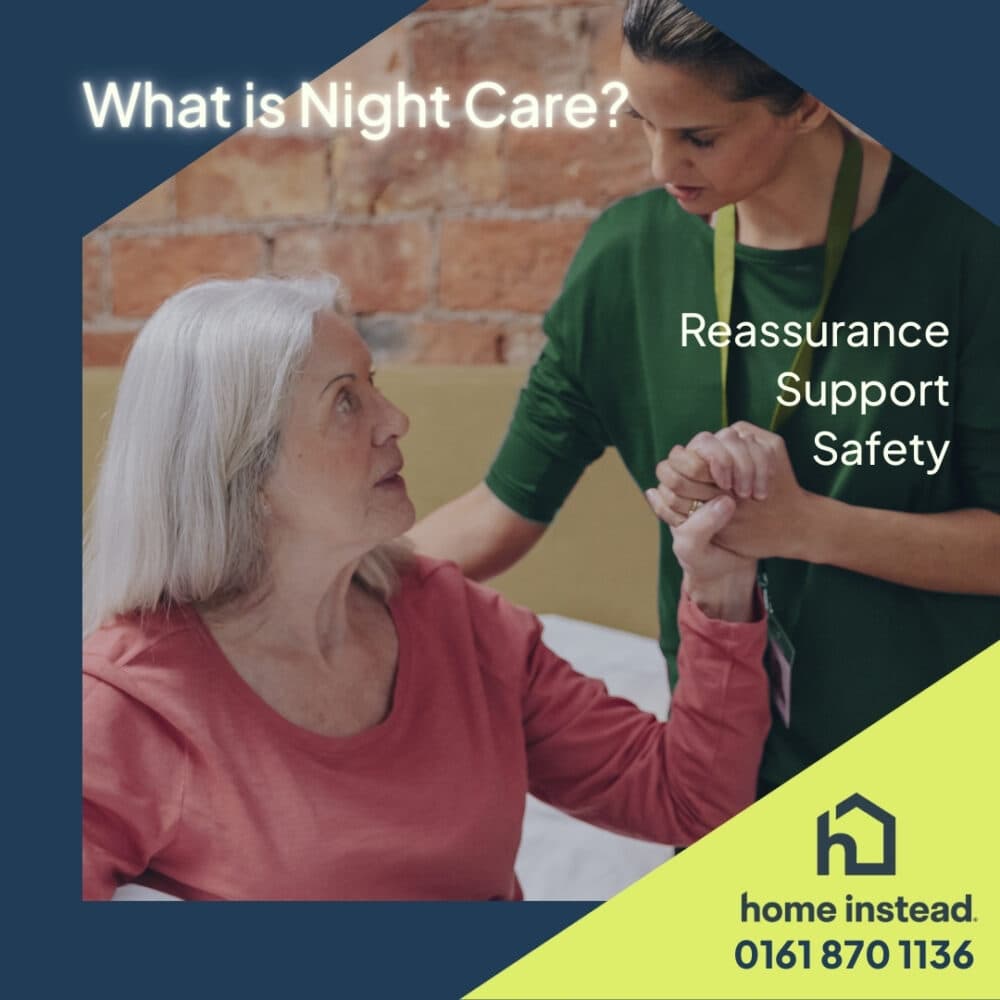 A caregiver supports an elderly woman in bed, with text about night care, reassurance, support, and safety. - Home Instead