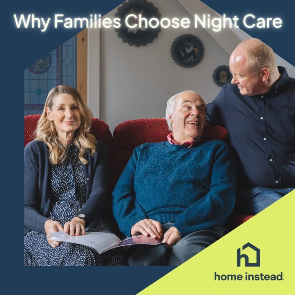 Three people sit together on a red couch, smiling; text reads "Why Families Choose Night Care. - Home Instead