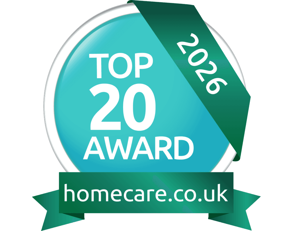 A badge reading "Top 20 Award 2026" with "homecare.co.uk" on a green ribbon. - Home Instead
