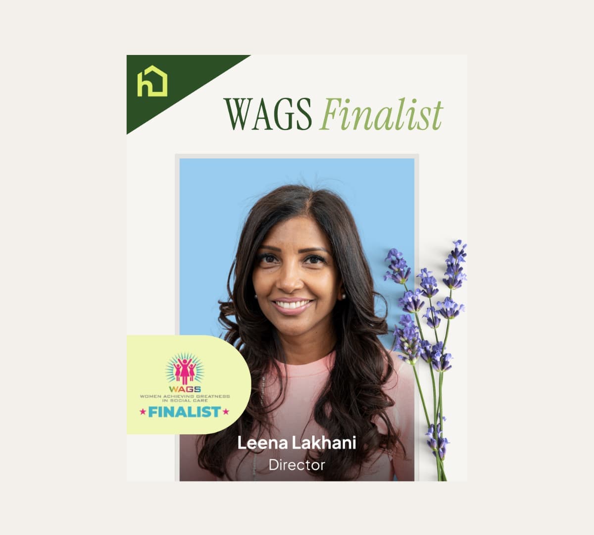 Leena Lakhani with long black hair happy and smiling as a WAGS finalist - Home Instead