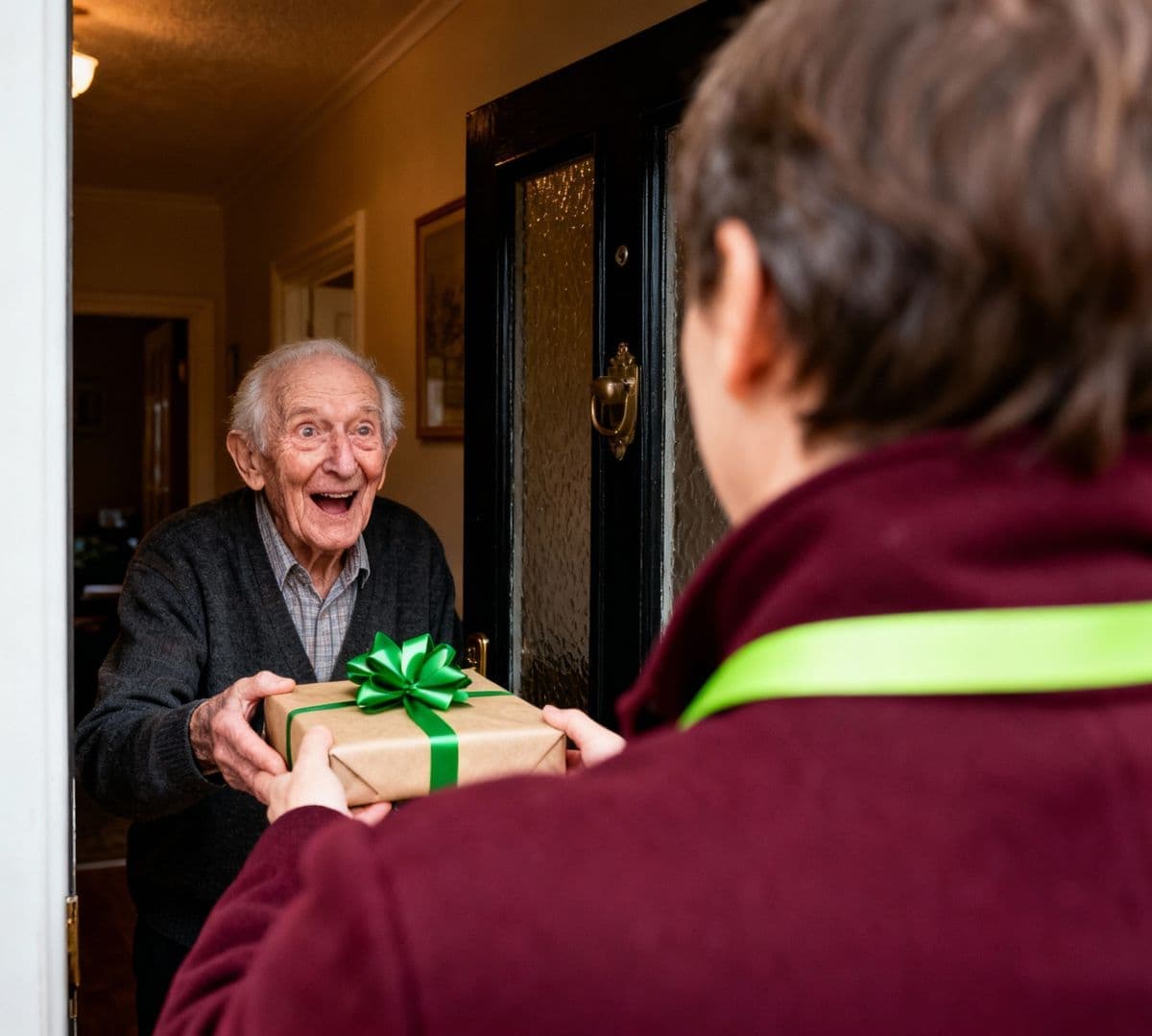 An older male adult surprised and happy while receiving a gift at his door