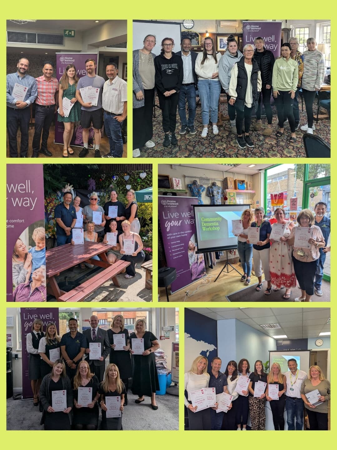 A collage of groups smiling and holding certificates at "Live well, your way" events in various settings. - Home Instead