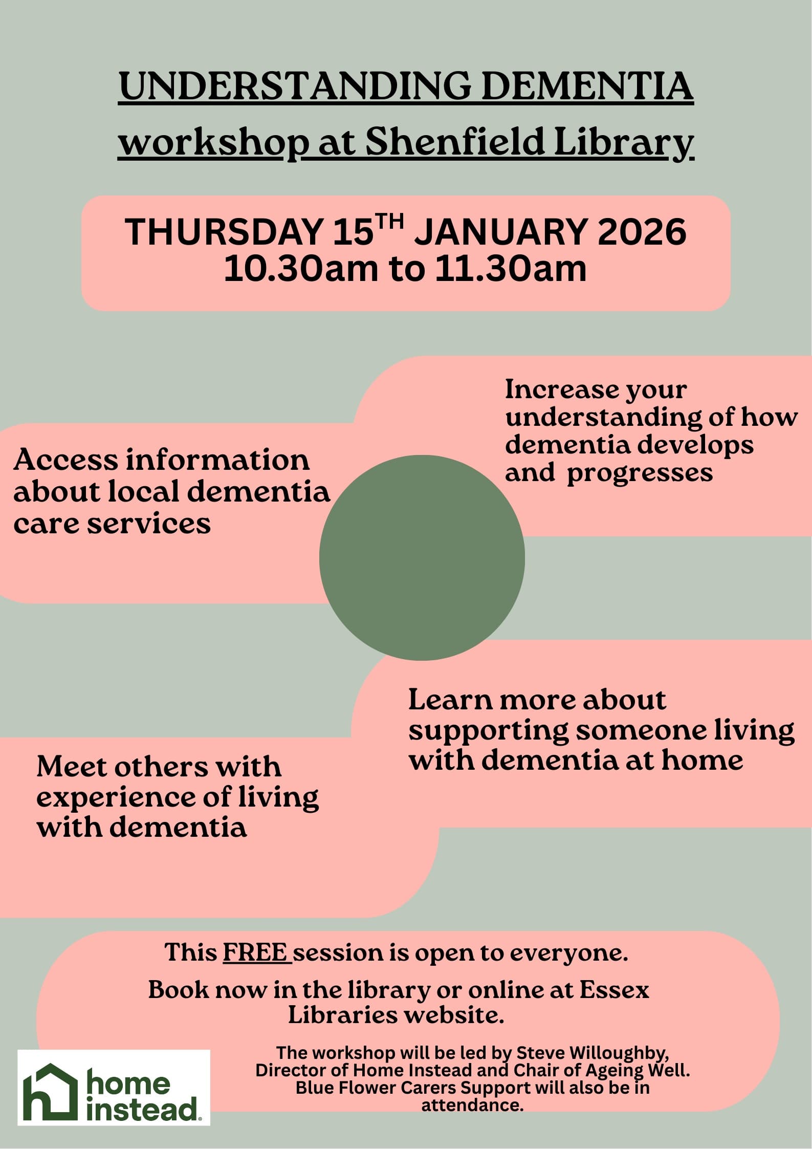 Flyer for a dementia workshop at Shenfield Library on 15 January 2026, from 10:30–11:30am. - Home Instead