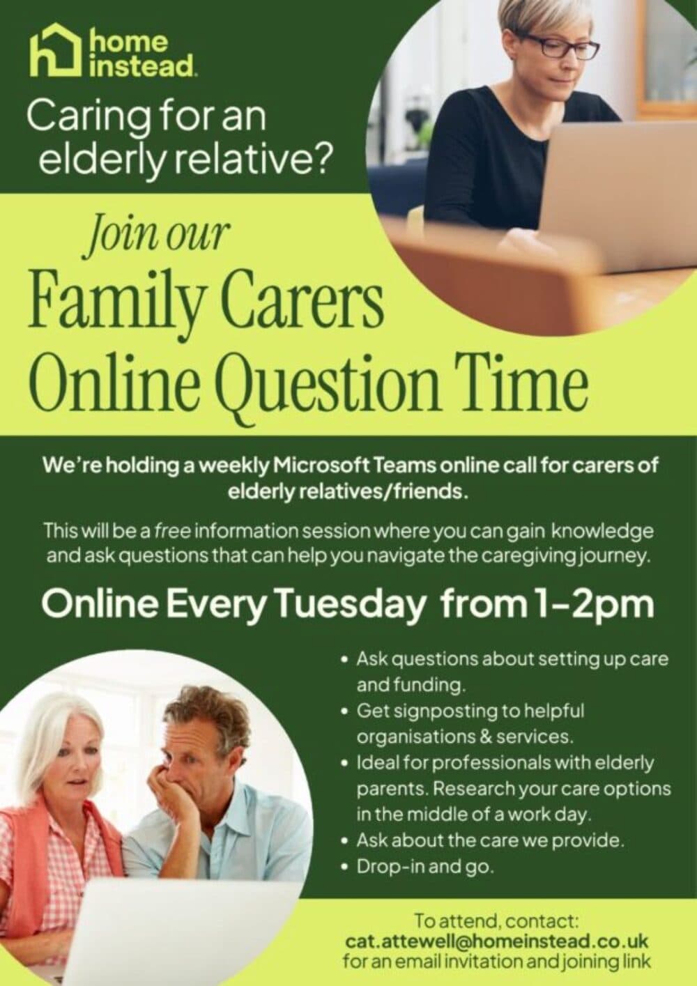 Flyer for an online carers’ Q&A event, with a man and a woman using a laptop, and green background. - Home Instead