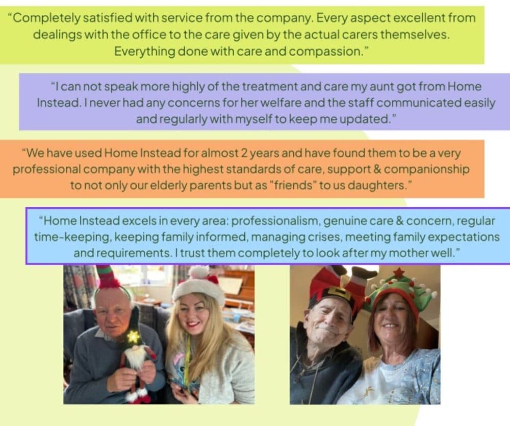 Three client testimonials for a home care service, with photos of happy elderly clients and carers in festive hats. - Home Instead