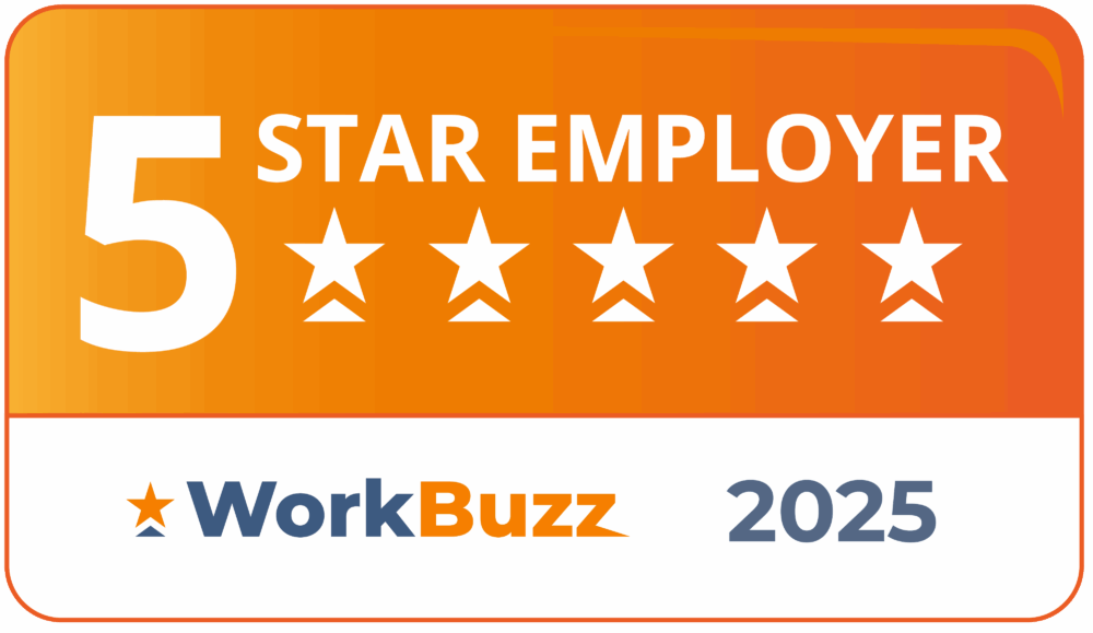 Orange badge showing "5 Star Employer," five stars, and "WorkBuzz 2025" at the bottom. - Home Instead