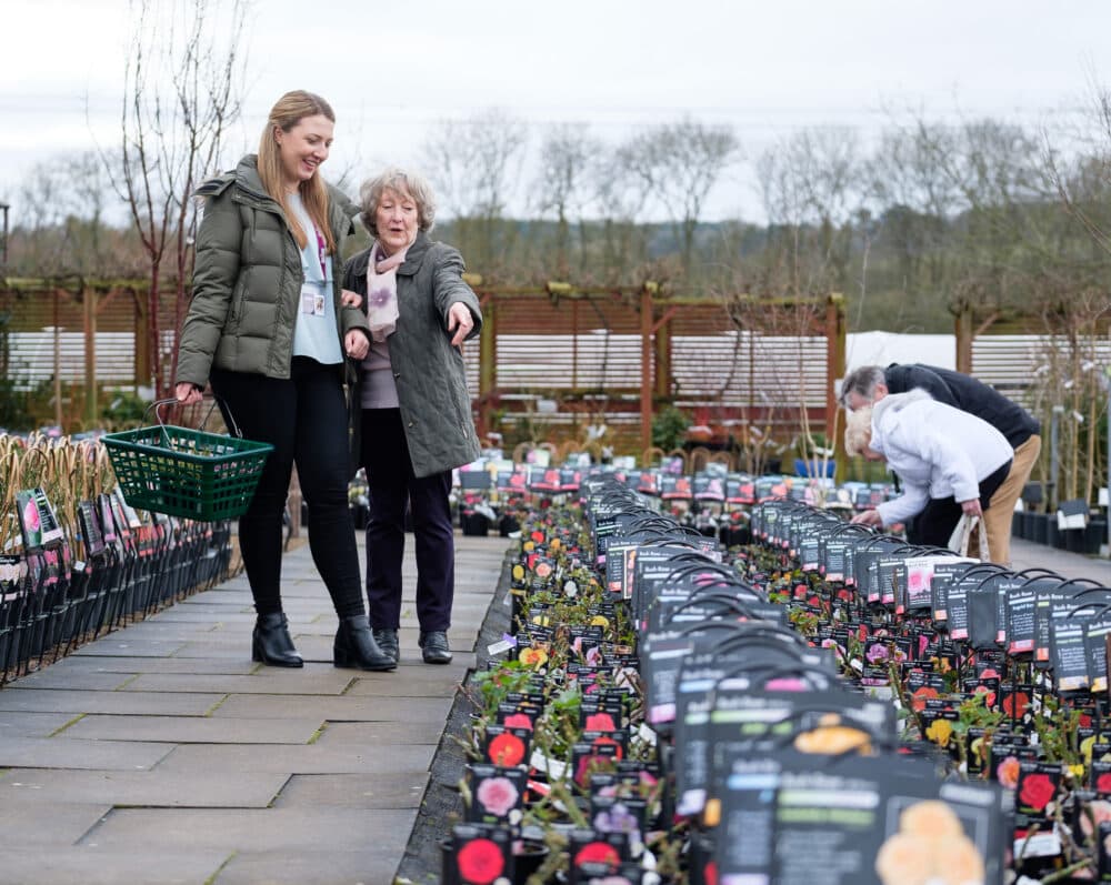 Elderly woman and her young female carer looking at plants for sale in a garden centre