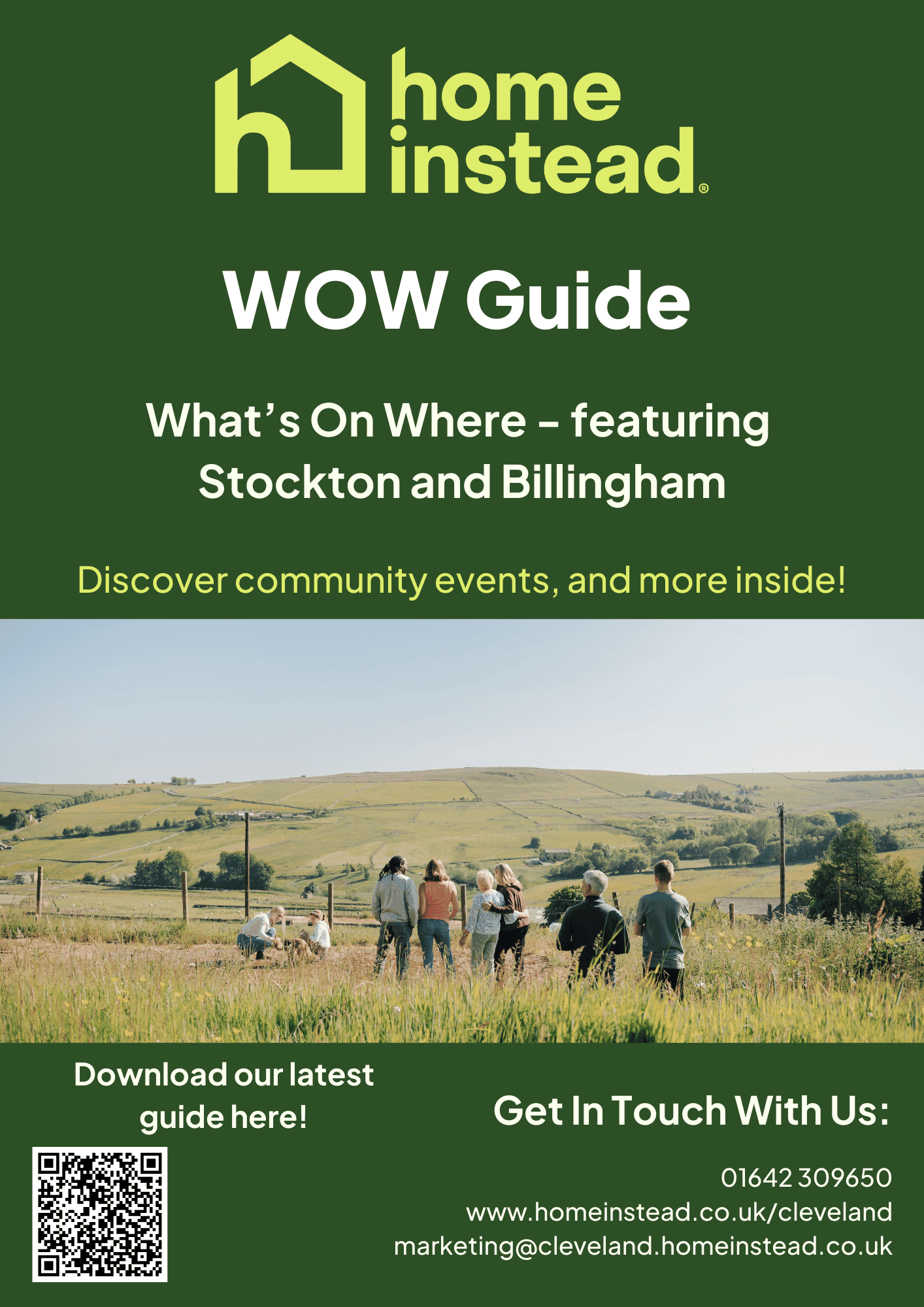 A group walks through a grassy field under a clear sky, featured in a guide for Stockton and Billingham events. - Home Instead