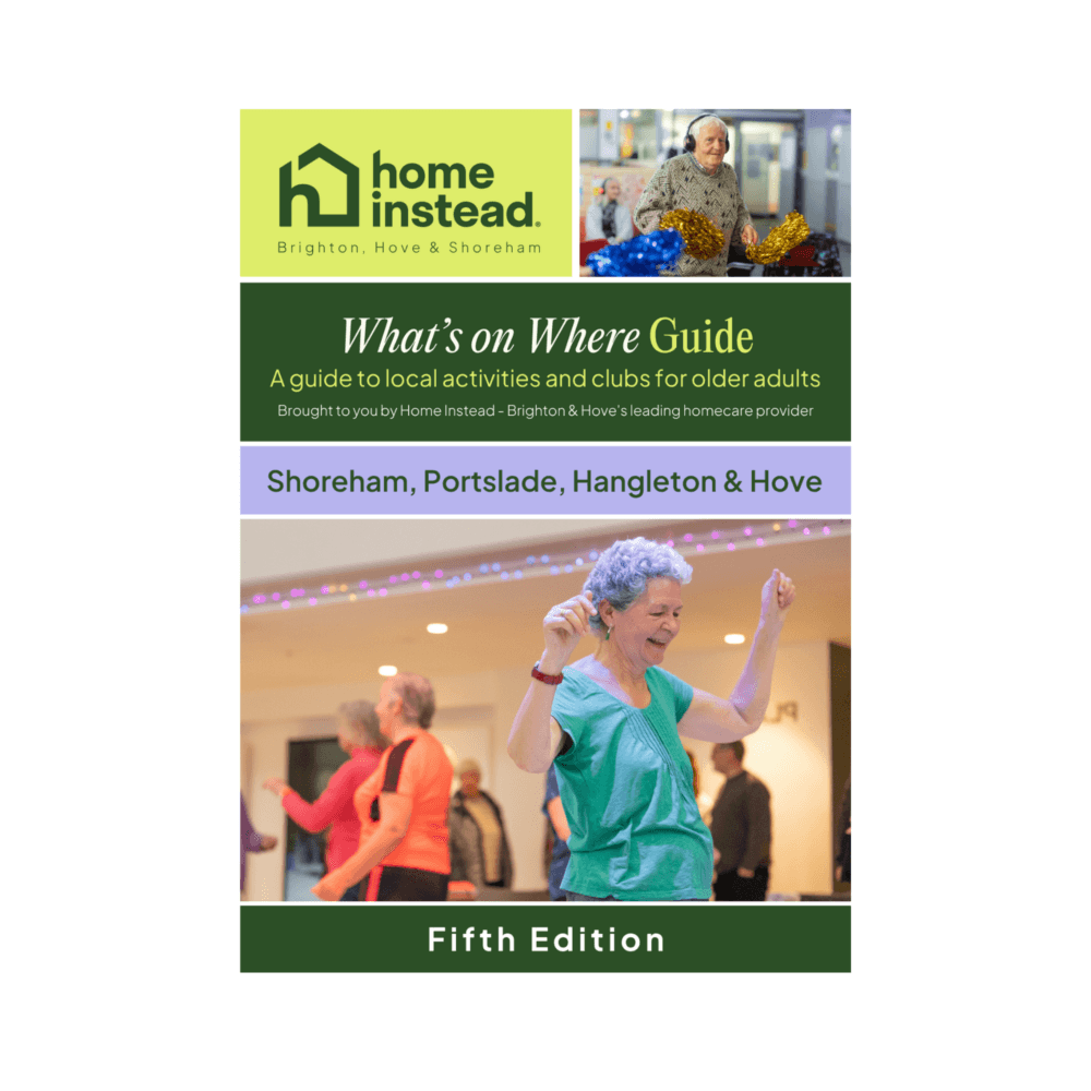 Cover of the Home Instead Brighton, Hove & Shoreham "What's on Where Guide" – Fifth Edition, showing older adults dancing and enjoying activities.