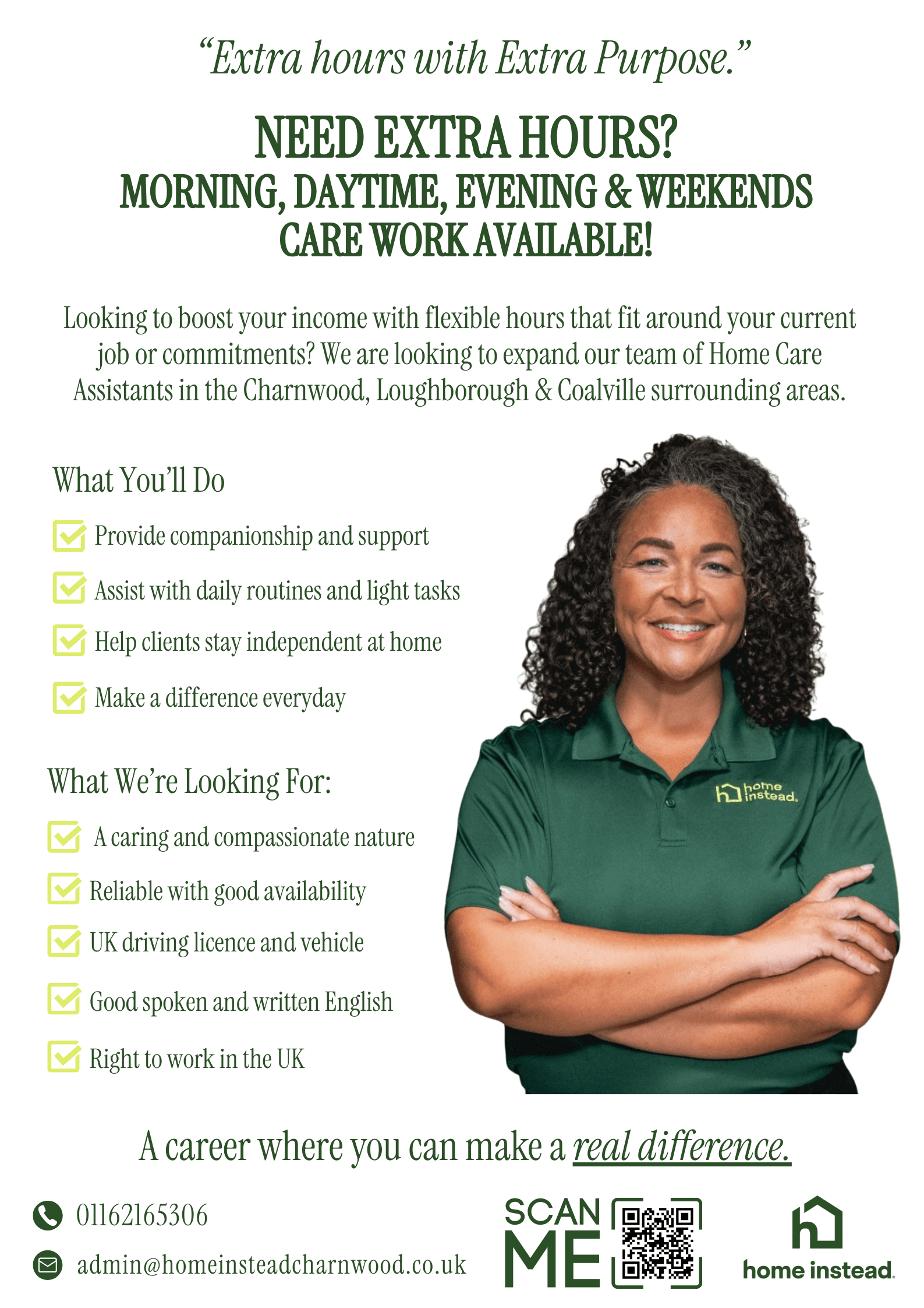 Smiling woman in a green polo shirt points at text about flexible home care job opportunities with benefits listed. - Home Instead