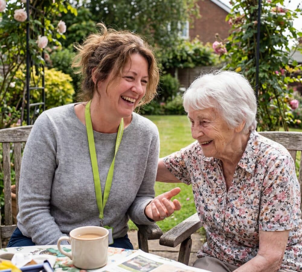 Two women happy and laughing while having coffee in the garden