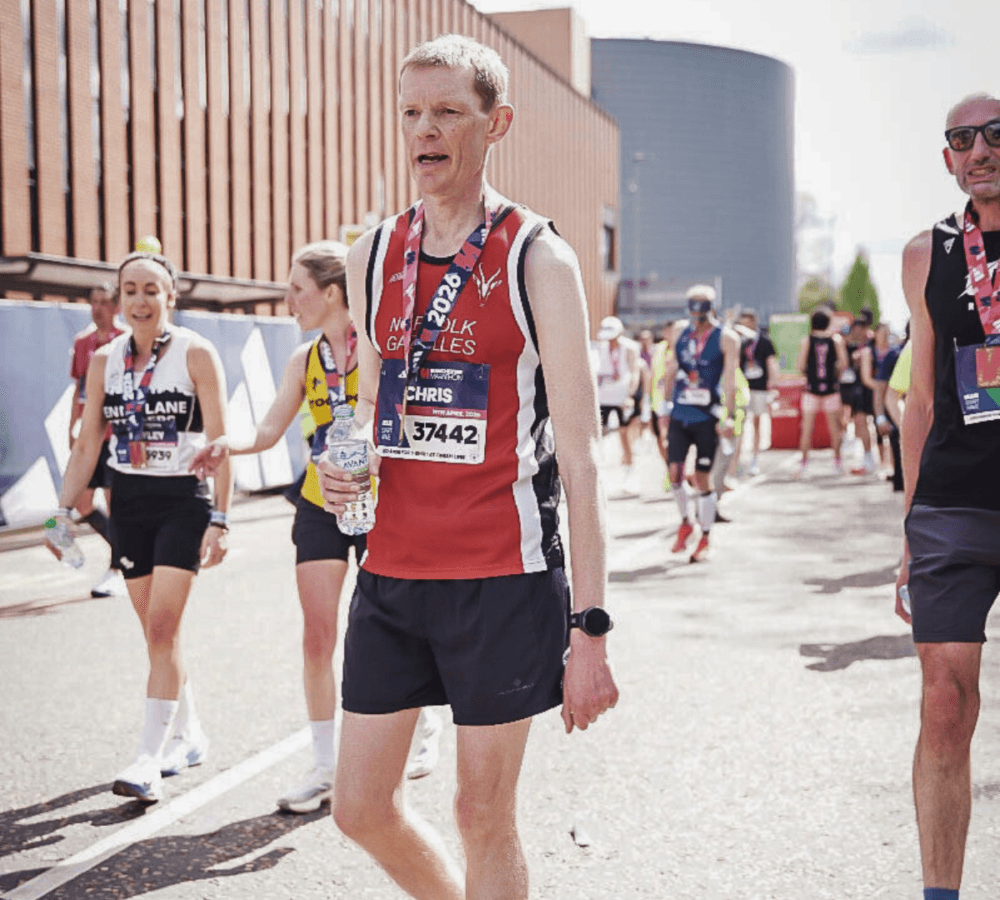 Image of Chris Carter at the end of the Manchester Marathon