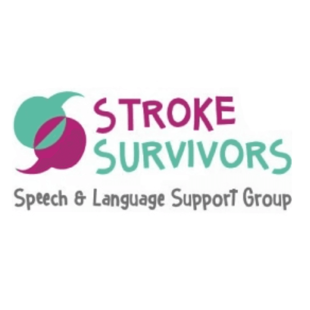 Logo with two speech bubbles and text: "Stroke Survivors Speech & Language Support Group. - Home Instead