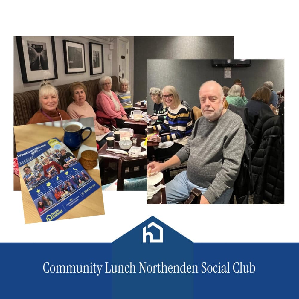 Pensioners enjoying a meal together at the Community Lunch Northenden Social Club, with leaflets on the table. - Home Instead
