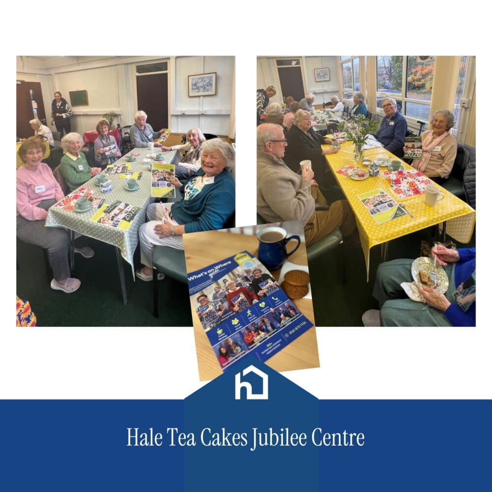 Elderly people sitting at tables, chatting and enjoying tea and cakes at Hale Tea Cakes Jubilee Centre. - Home Instead