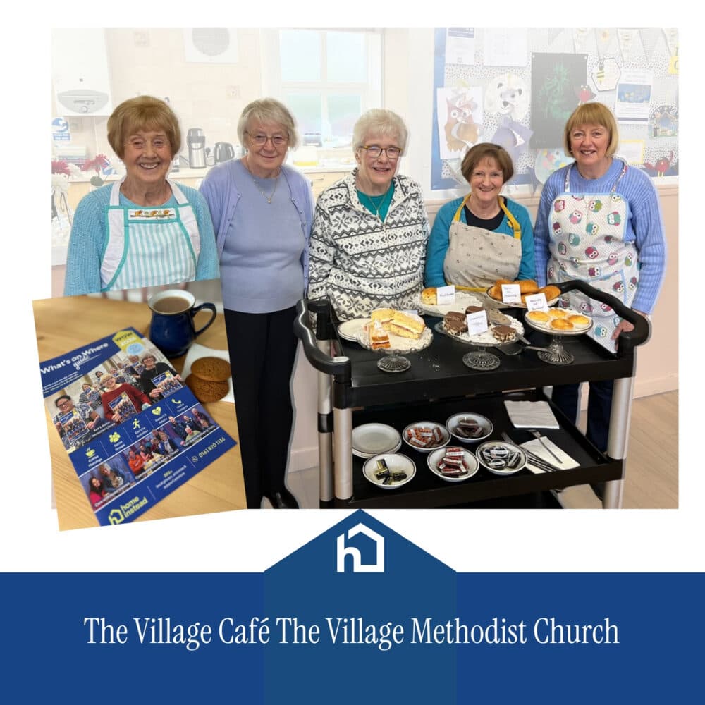 Five smiling women stand by a dessert trolley at The Village Café, Village Methodist Church. - Home Instead