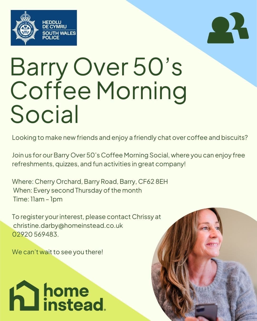 A flyer for Barry Over 50s Coffee Morning Social with details and a woman holding a coffee cup. - Home Instead