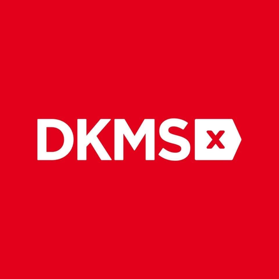 White "DKMS" text with a red "X" in a white hexagon on a solid red background. - Home Instead