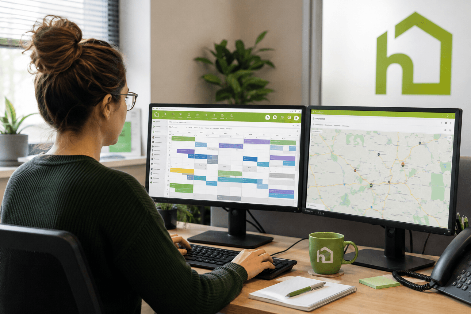 Woman works at a desk with two monitors displaying a calendar and a map, with office supplies nearby. - Home Instead