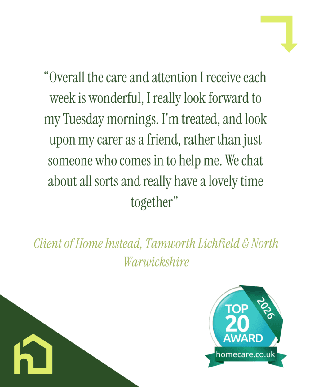 Testimonial: Client praises weekly care and companionship from Home Instead, Tamworth Lichfield & North Warwickshire. - Home Instead