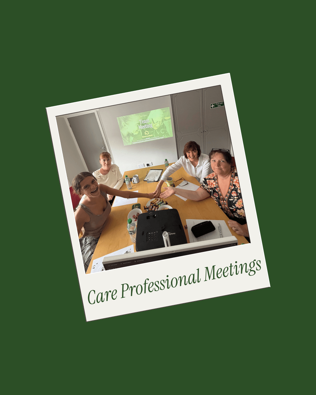 Four people sit around a table with papers, smiling, at a "Care Professional Meetings" presentation. - Home Instead
