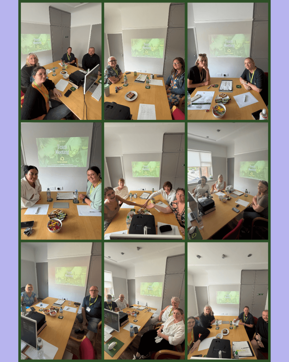 Nine photos of groups around a meeting table, projector displaying "Team Meeting" slides in each image. - Home Instead