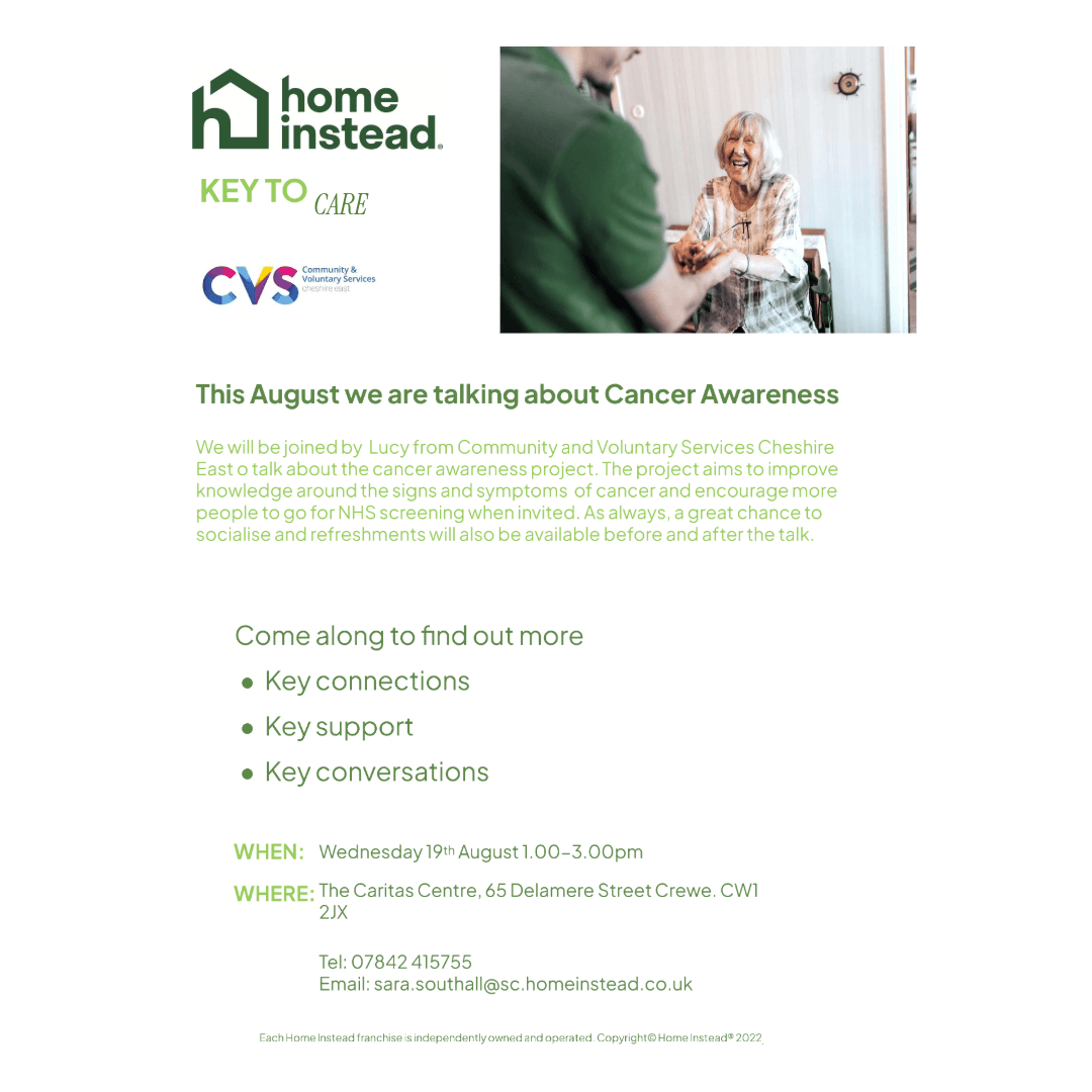 Flyer for a cancer awareness event with details on date, time, venue, and contact information. - Home Instead
