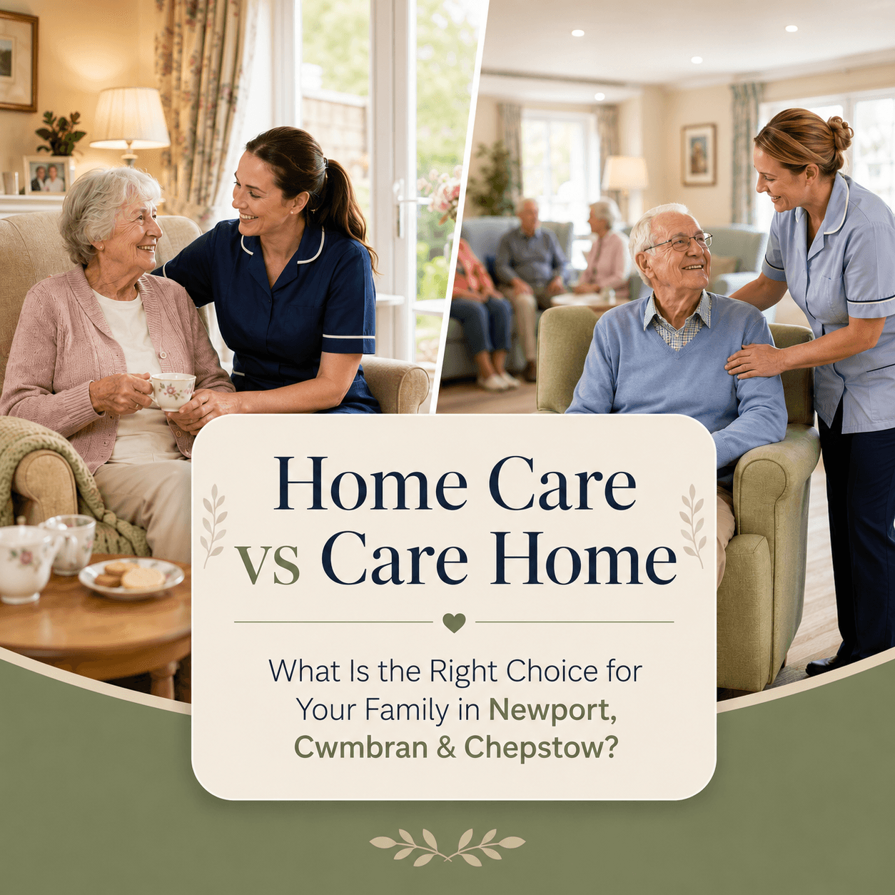 Two nurses assist elderly people at home and in a care home, with text comparing home care versus care home. - Home Instead