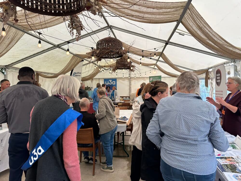 People chatting and browsing information stalls under a decorated marquee at a community event. - Home Instead