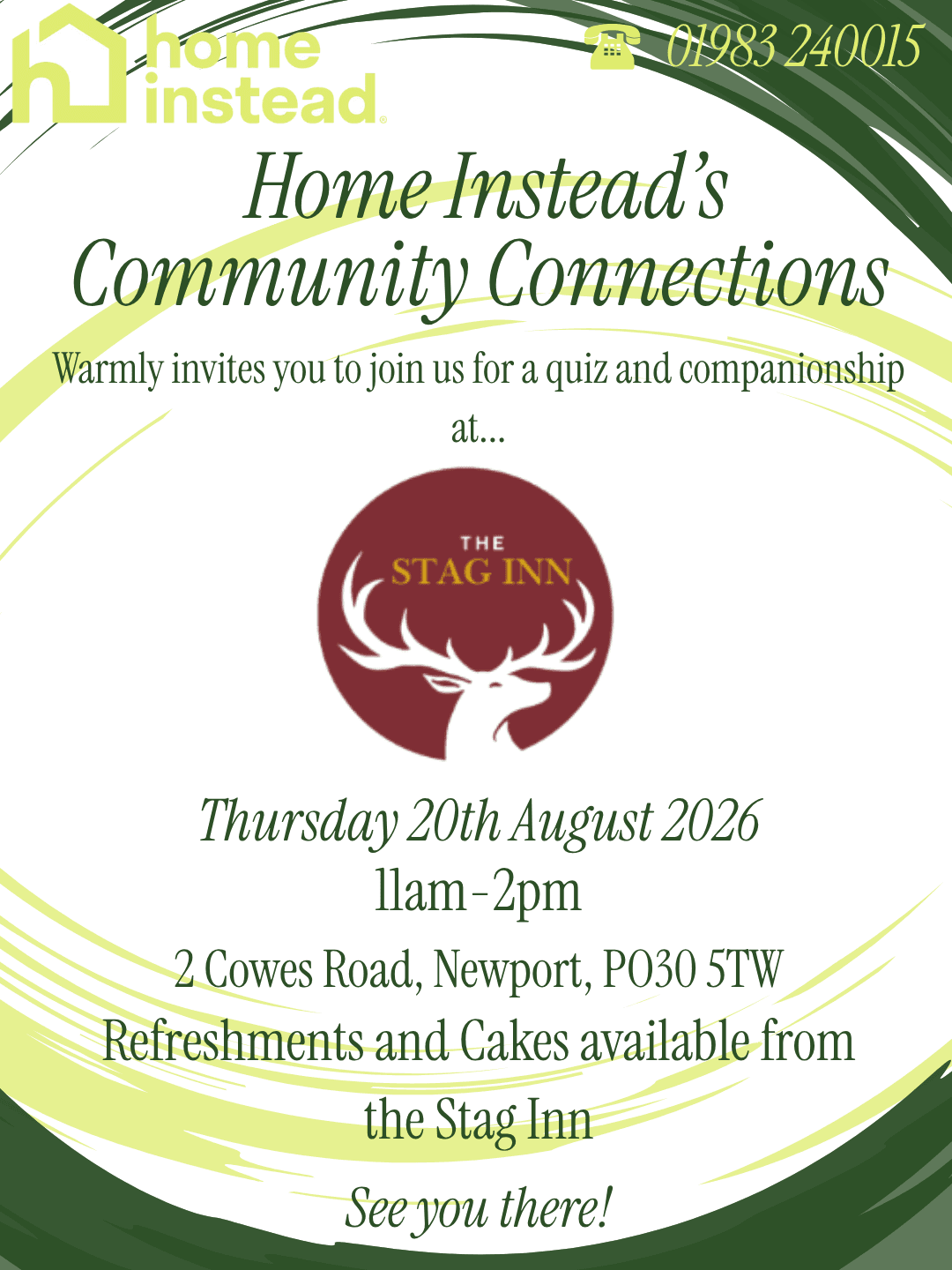 Home Instead Community Connections event at The Stag Inn, Newport, on 20 August 2026, 11am–2pm. - Home Instead
