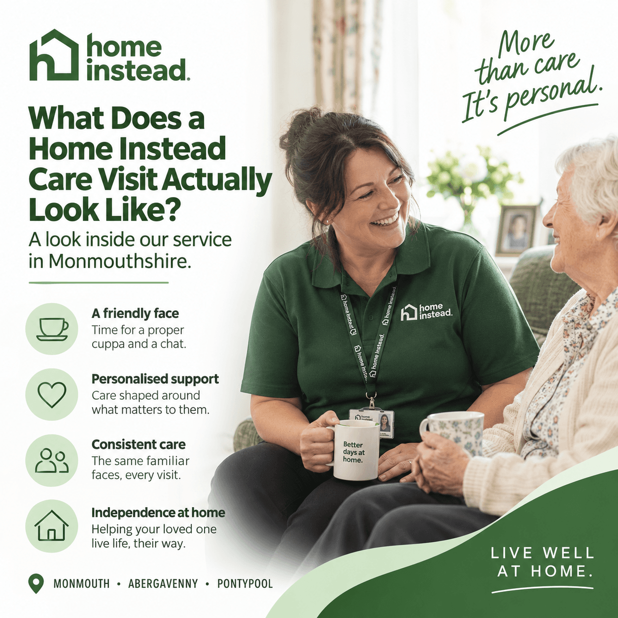 Smiling carer in green uniform chats with elderly woman, both holding mugs, promoting home care services. - Home Instead
